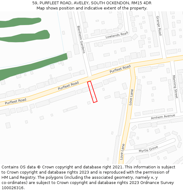 59, PURFLEET ROAD, AVELEY, SOUTH OCKENDON, RM15 4DR: Location map and indicative extent of plot