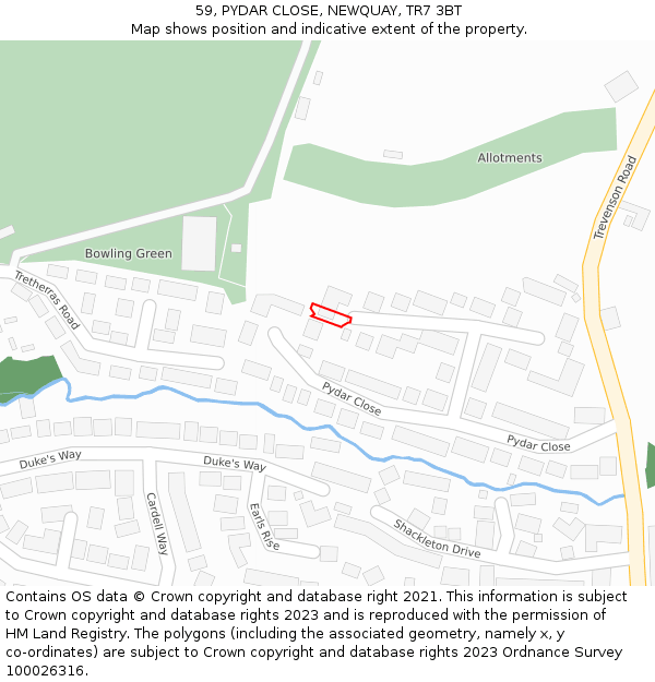 59, PYDAR CLOSE, NEWQUAY, TR7 3BT: Location map and indicative extent of plot