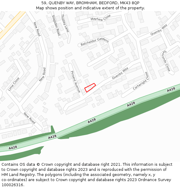 59, QUENBY WAY, BROMHAM, BEDFORD, MK43 8QP: Location map and indicative extent of plot