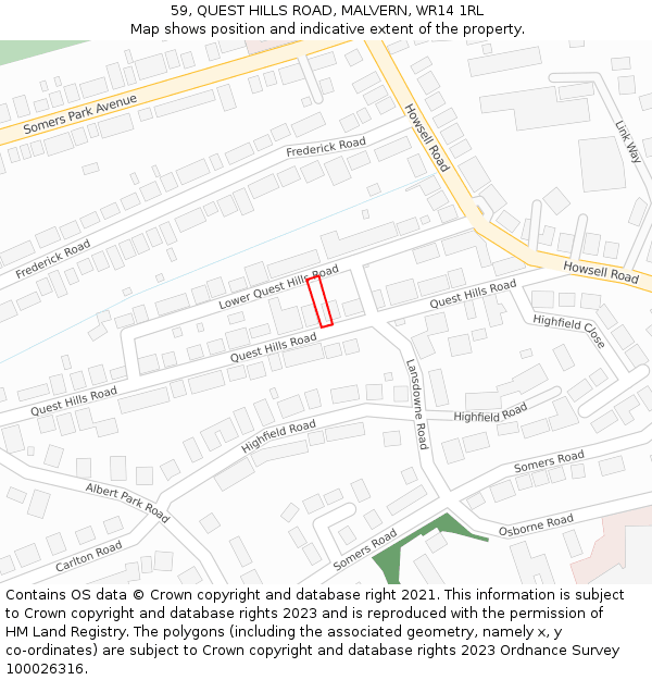 59, QUEST HILLS ROAD, MALVERN, WR14 1RL: Location map and indicative extent of plot