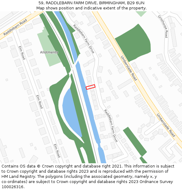 59, RADDLEBARN FARM DRIVE, BIRMINGHAM, B29 6UN: Location map and indicative extent of plot