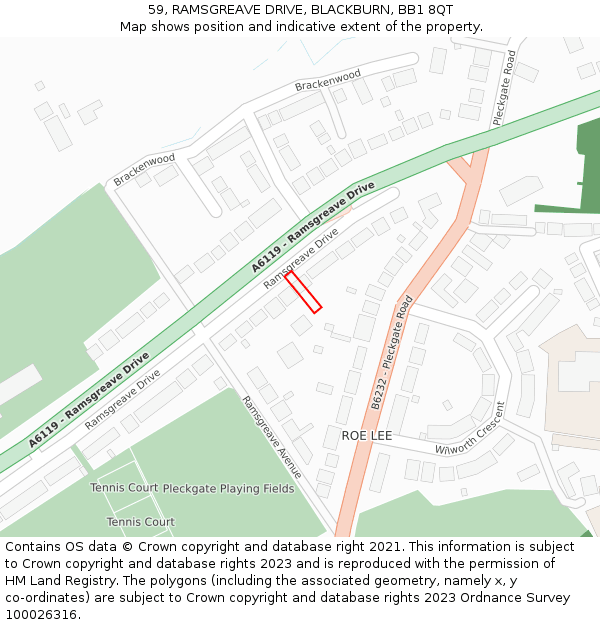 59, RAMSGREAVE DRIVE, BLACKBURN, BB1 8QT: Location map and indicative extent of plot