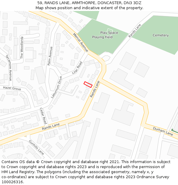 59, RANDS LANE, ARMTHORPE, DONCASTER, DN3 3DZ: Location map and indicative extent of plot