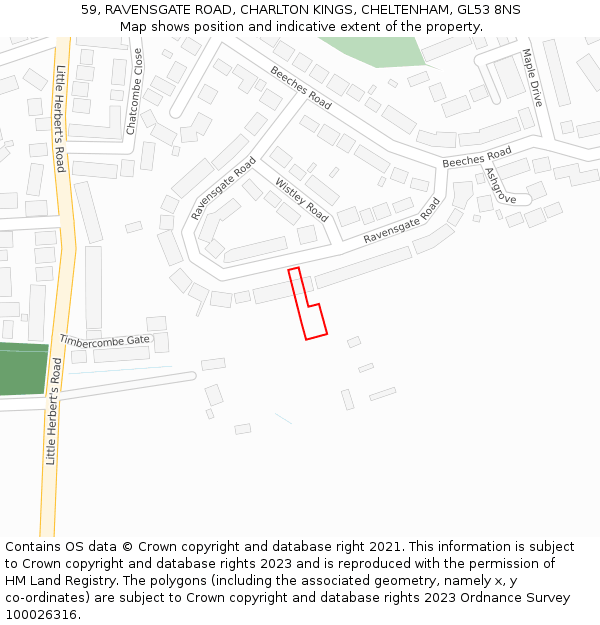 59, RAVENSGATE ROAD, CHARLTON KINGS, CHELTENHAM, GL53 8NS: Location map and indicative extent of plot