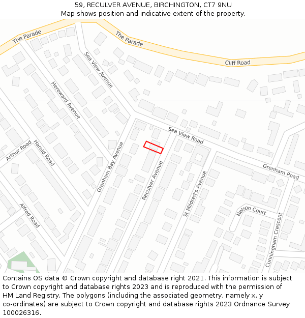 59, RECULVER AVENUE, BIRCHINGTON, CT7 9NU: Location map and indicative extent of plot