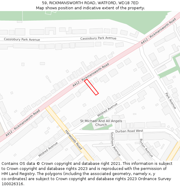 59, RICKMANSWORTH ROAD, WATFORD, WD18 7ED: Location map and indicative extent of plot