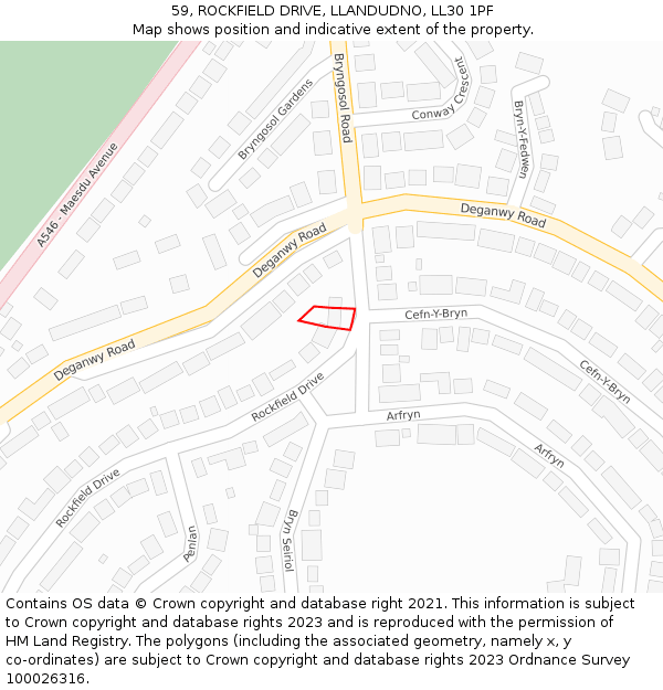 59, ROCKFIELD DRIVE, LLANDUDNO, LL30 1PF: Location map and indicative extent of plot