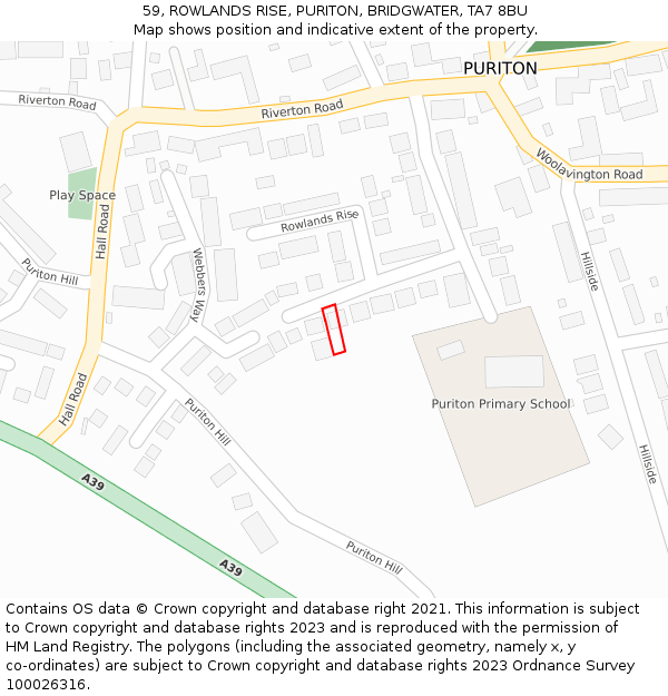 59, ROWLANDS RISE, PURITON, BRIDGWATER, TA7 8BU: Location map and indicative extent of plot