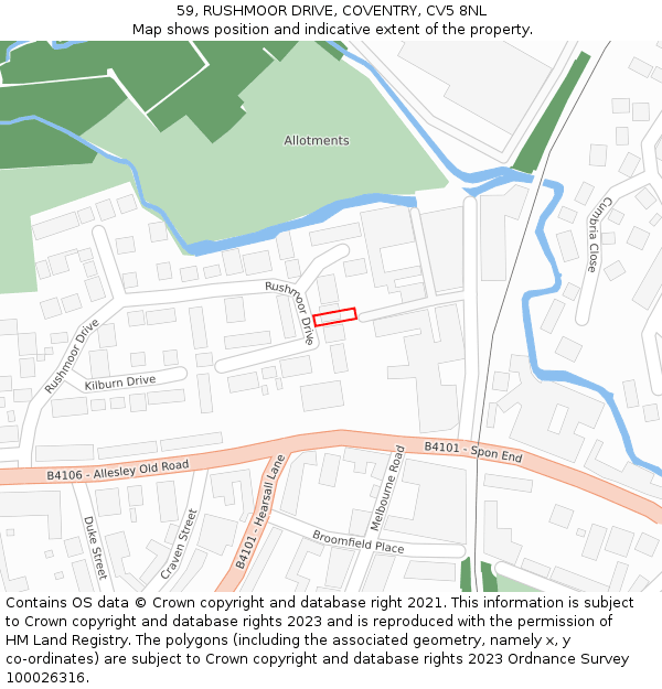 59, RUSHMOOR DRIVE, COVENTRY, CV5 8NL: Location map and indicative extent of plot