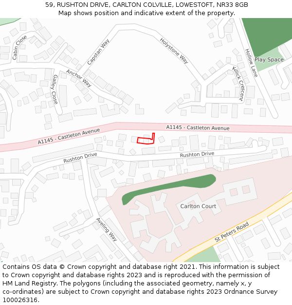 59, RUSHTON DRIVE, CARLTON COLVILLE, LOWESTOFT, NR33 8GB: Location map and indicative extent of plot