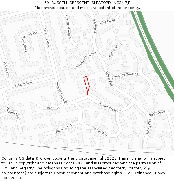 59, RUSSELL CRESCENT, SLEAFORD, NG34 7JF: Location map and indicative extent of plot