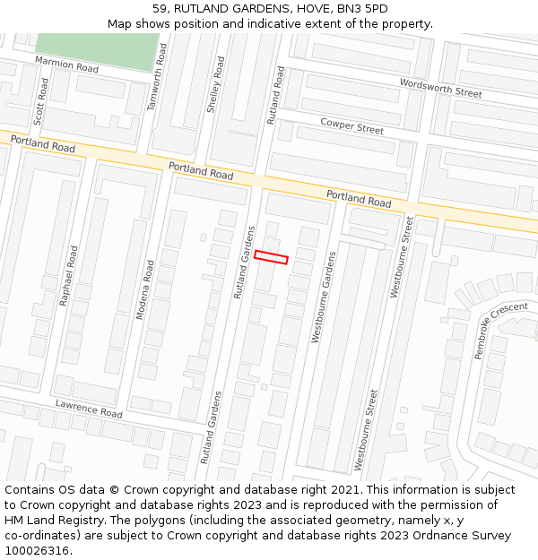 59, RUTLAND GARDENS, HOVE, BN3 5PD: Location map and indicative extent of plot