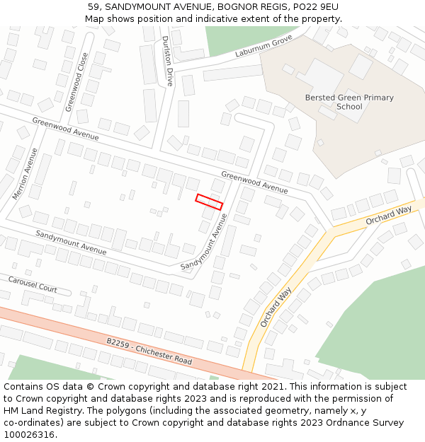 59, SANDYMOUNT AVENUE, BOGNOR REGIS, PO22 9EU: Location map and indicative extent of plot