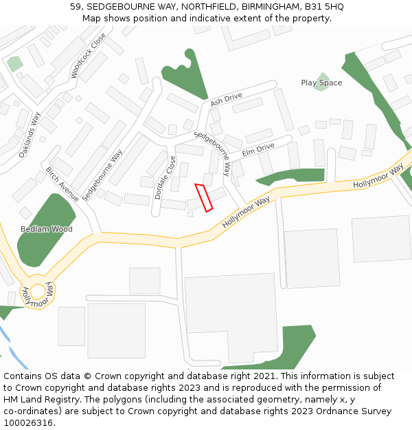 59, SEDGEBOURNE WAY, NORTHFIELD, BIRMINGHAM, B31 5HQ: Location map and indicative extent of plot