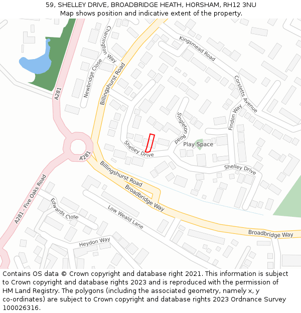 59, SHELLEY DRIVE, BROADBRIDGE HEATH, HORSHAM, RH12 3NU: Location map and indicative extent of plot