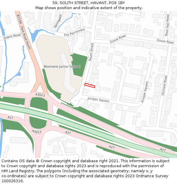 59, SOUTH STREET, HAVANT, PO9 1BY: Location map and indicative extent of plot