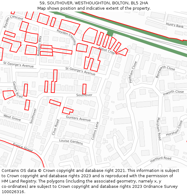 59, SOUTHOVER, WESTHOUGHTON, BOLTON, BL5 2HA: Location map and indicative extent of plot