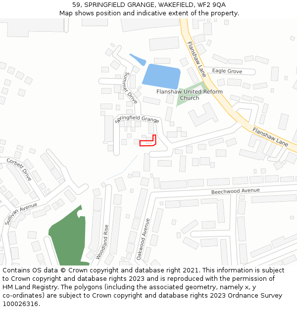 59, SPRINGFIELD GRANGE, WAKEFIELD, WF2 9QA: Location map and indicative extent of plot