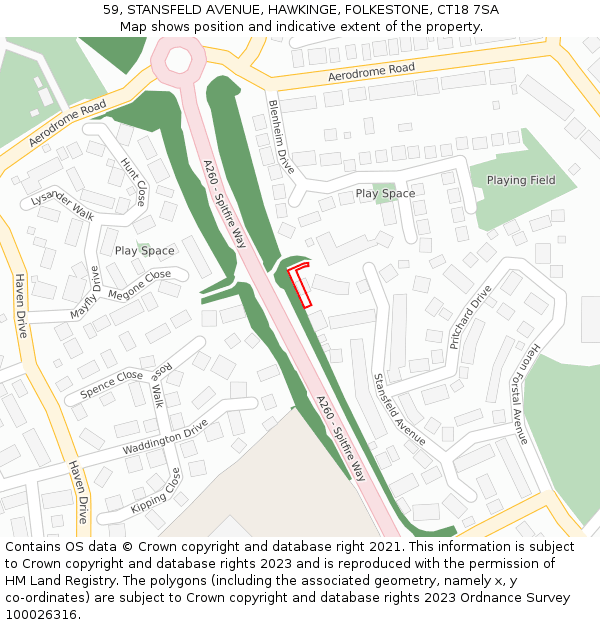 59, STANSFELD AVENUE, HAWKINGE, FOLKESTONE, CT18 7SA: Location map and indicative extent of plot