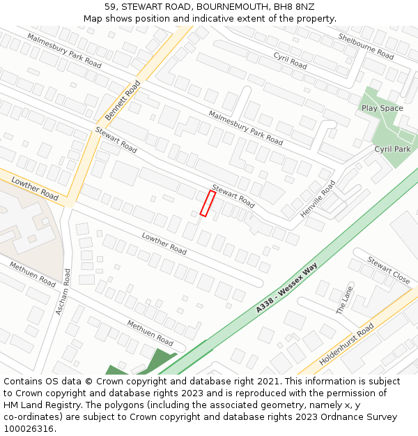 59, STEWART ROAD, BOURNEMOUTH, BH8 8NZ: Location map and indicative extent of plot