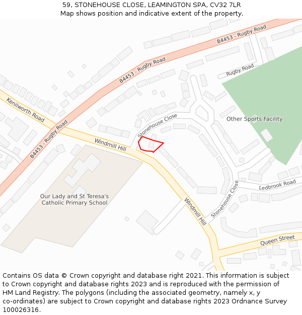 59, STONEHOUSE CLOSE, LEAMINGTON SPA, CV32 7LR: Location map and indicative extent of plot