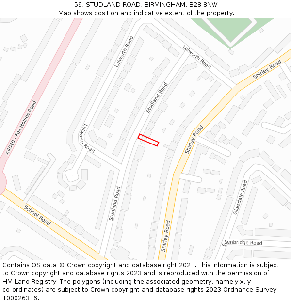 59, STUDLAND ROAD, BIRMINGHAM, B28 8NW: Location map and indicative extent of plot