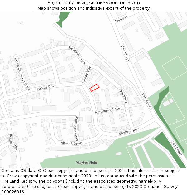 59, STUDLEY DRIVE, SPENNYMOOR, DL16 7GB: Location map and indicative extent of plot