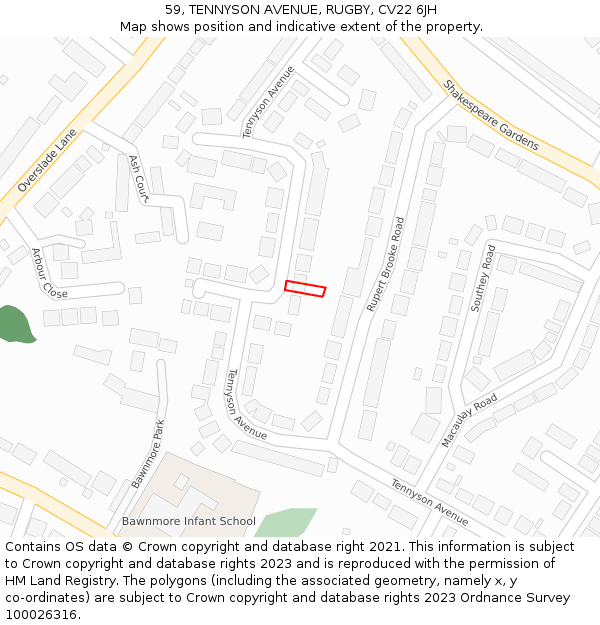 59, TENNYSON AVENUE, RUGBY, CV22 6JH: Location map and indicative extent of plot