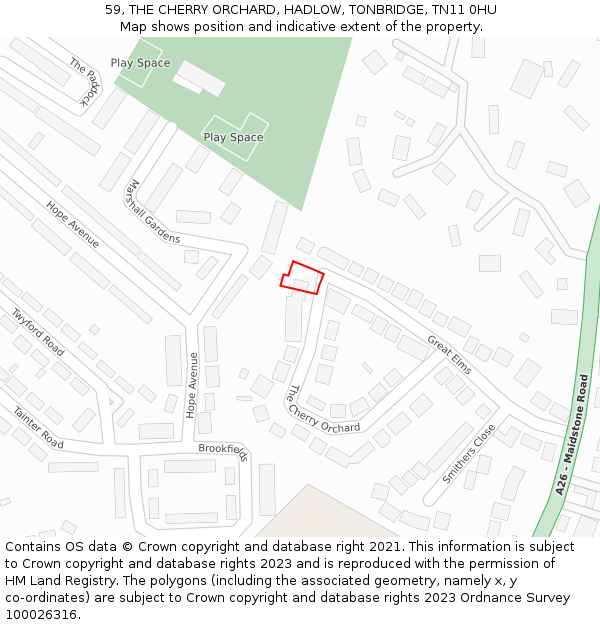 59, THE CHERRY ORCHARD, HADLOW, TONBRIDGE, TN11 0HU: Location map and indicative extent of plot