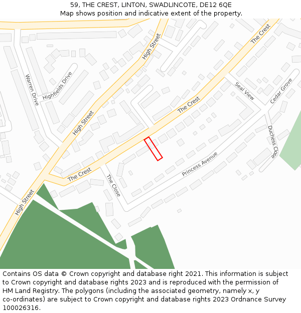 59, THE CREST, LINTON, SWADLINCOTE, DE12 6QE: Location map and indicative extent of plot