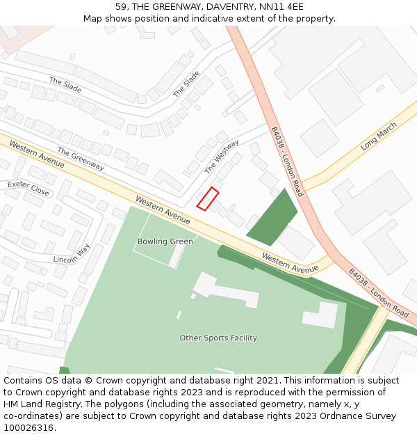 59, THE GREENWAY, DAVENTRY, NN11 4EE: Location map and indicative extent of plot