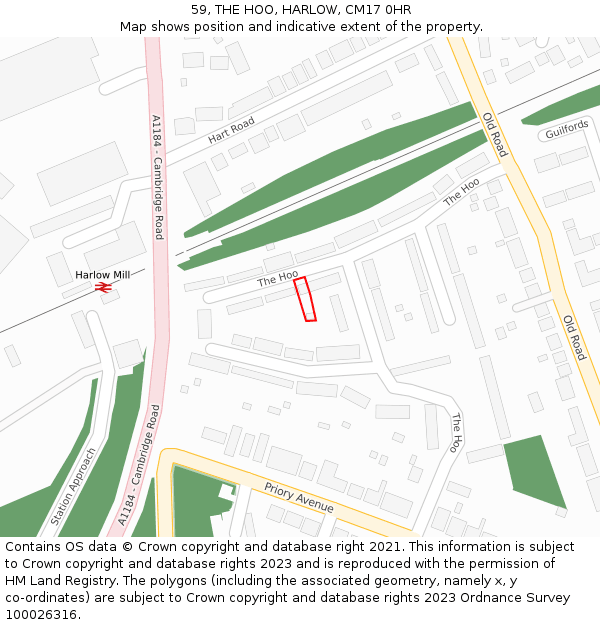 59, THE HOO, HARLOW, CM17 0HR: Location map and indicative extent of plot