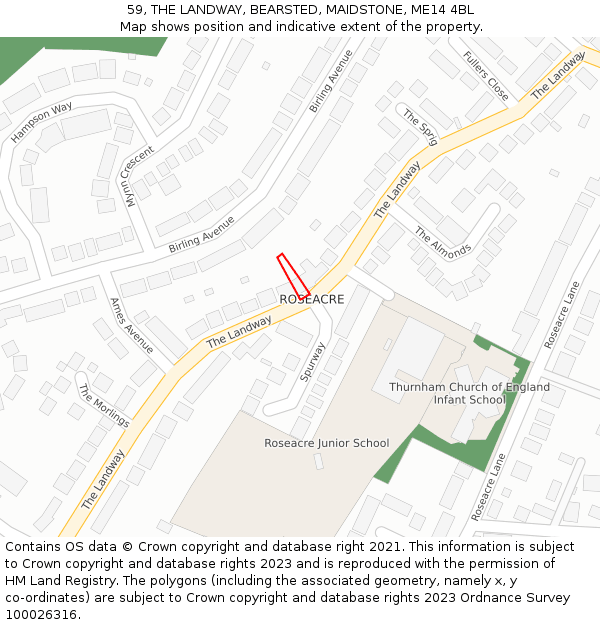 59, THE LANDWAY, BEARSTED, MAIDSTONE, ME14 4BL: Location map and indicative extent of plot