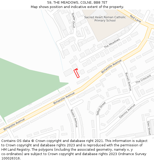 59, THE MEADOWS, COLNE, BB8 7ET: Location map and indicative extent of plot