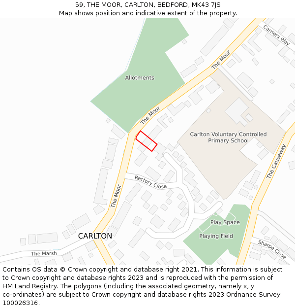 59, THE MOOR, CARLTON, BEDFORD, MK43 7JS: Location map and indicative extent of plot