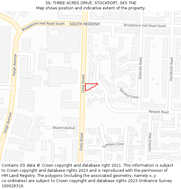 59, THREE ACRES DRIVE, STOCKPORT, SK5 7NE: Location map and indicative extent of plot