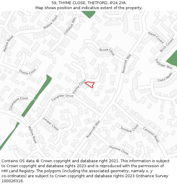 59, THYME CLOSE, THETFORD, IP24 2YA: Location map and indicative extent of plot