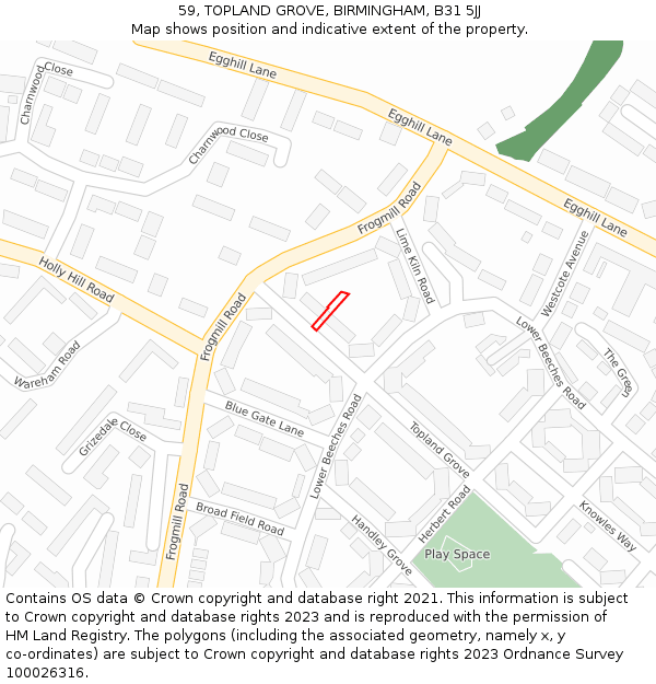 59, TOPLAND GROVE, BIRMINGHAM, B31 5JJ: Location map and indicative extent of plot