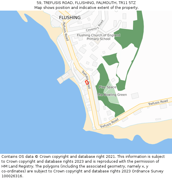 59, TREFUSIS ROAD, FLUSHING, FALMOUTH, TR11 5TZ: Location map and indicative extent of plot