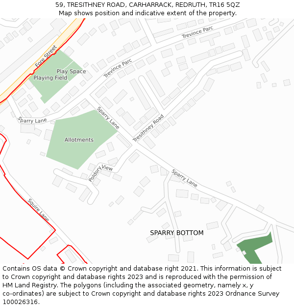 59, TRESITHNEY ROAD, CARHARRACK, REDRUTH, TR16 5QZ: Location map and indicative extent of plot