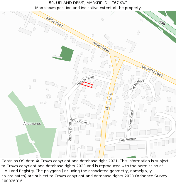 59, UPLAND DRIVE, MARKFIELD, LE67 9WF: Location map and indicative extent of plot