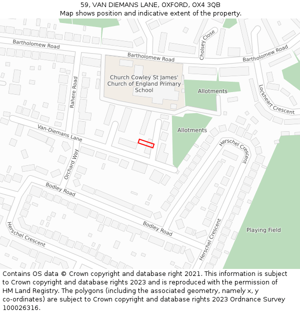 59, VAN DIEMANS LANE, OXFORD, OX4 3QB: Location map and indicative extent of plot