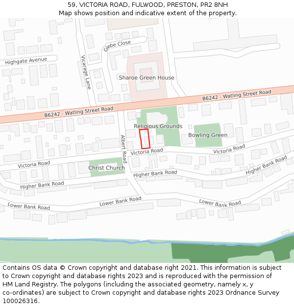 59, VICTORIA ROAD, FULWOOD, PRESTON, PR2 8NH: Location map and indicative extent of plot