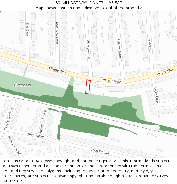 59, VILLAGE WAY, PINNER, HA5 5AB: Location map and indicative extent of plot