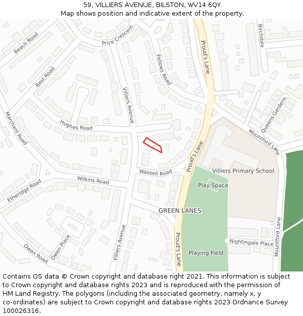 59, VILLIERS AVENUE, BILSTON, WV14 6QY: Location map and indicative extent of plot