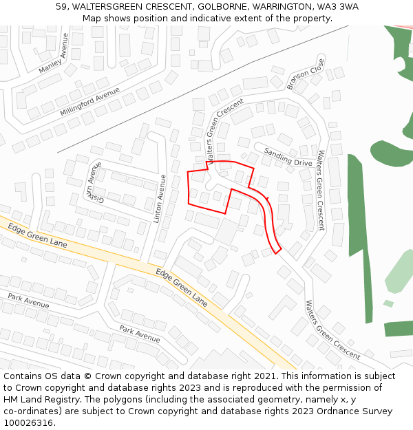 59, WALTERSGREEN CRESCENT, GOLBORNE, WARRINGTON, WA3 3WA: Location map and indicative extent of plot