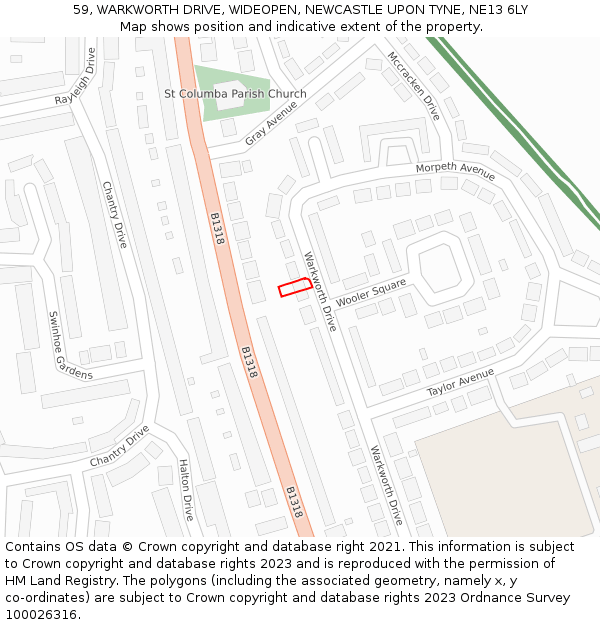 59, WARKWORTH DRIVE, WIDEOPEN, NEWCASTLE UPON TYNE, NE13 6LY: Location map and indicative extent of plot