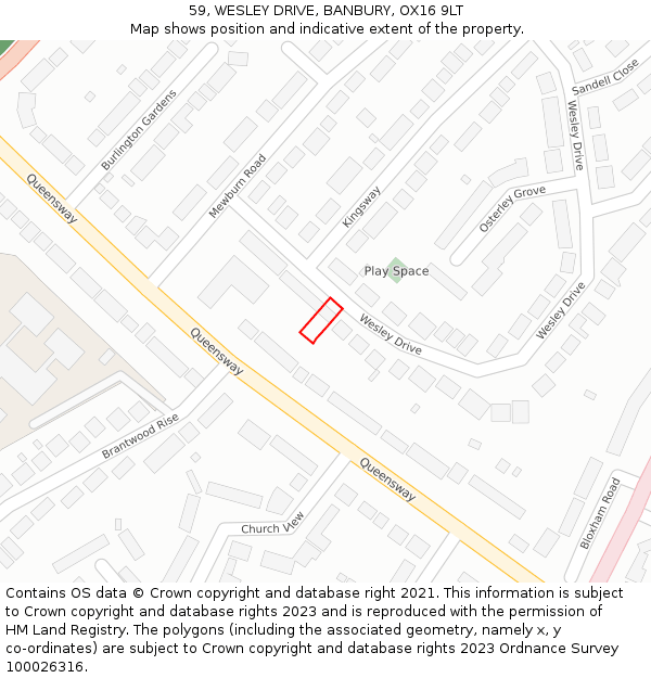 59, WESLEY DRIVE, BANBURY, OX16 9LT: Location map and indicative extent of plot