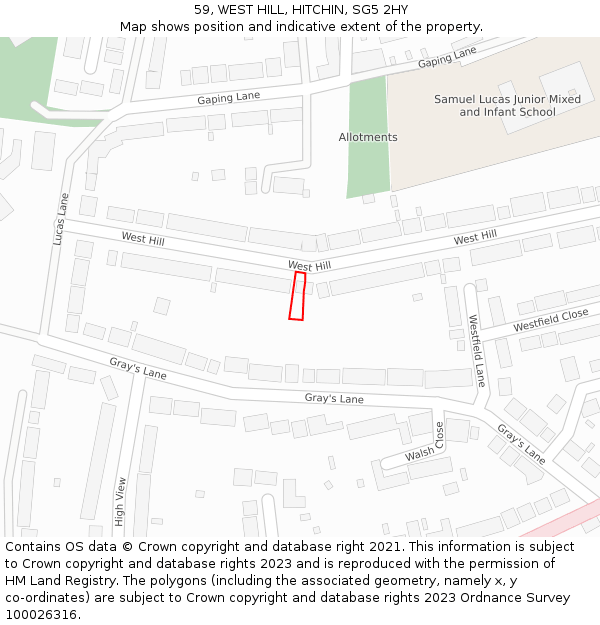 59, WEST HILL, HITCHIN, SG5 2HY: Location map and indicative extent of plot