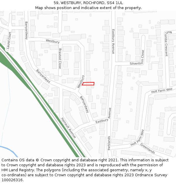 59, WESTBURY, ROCHFORD, SS4 1UL: Location map and indicative extent of plot